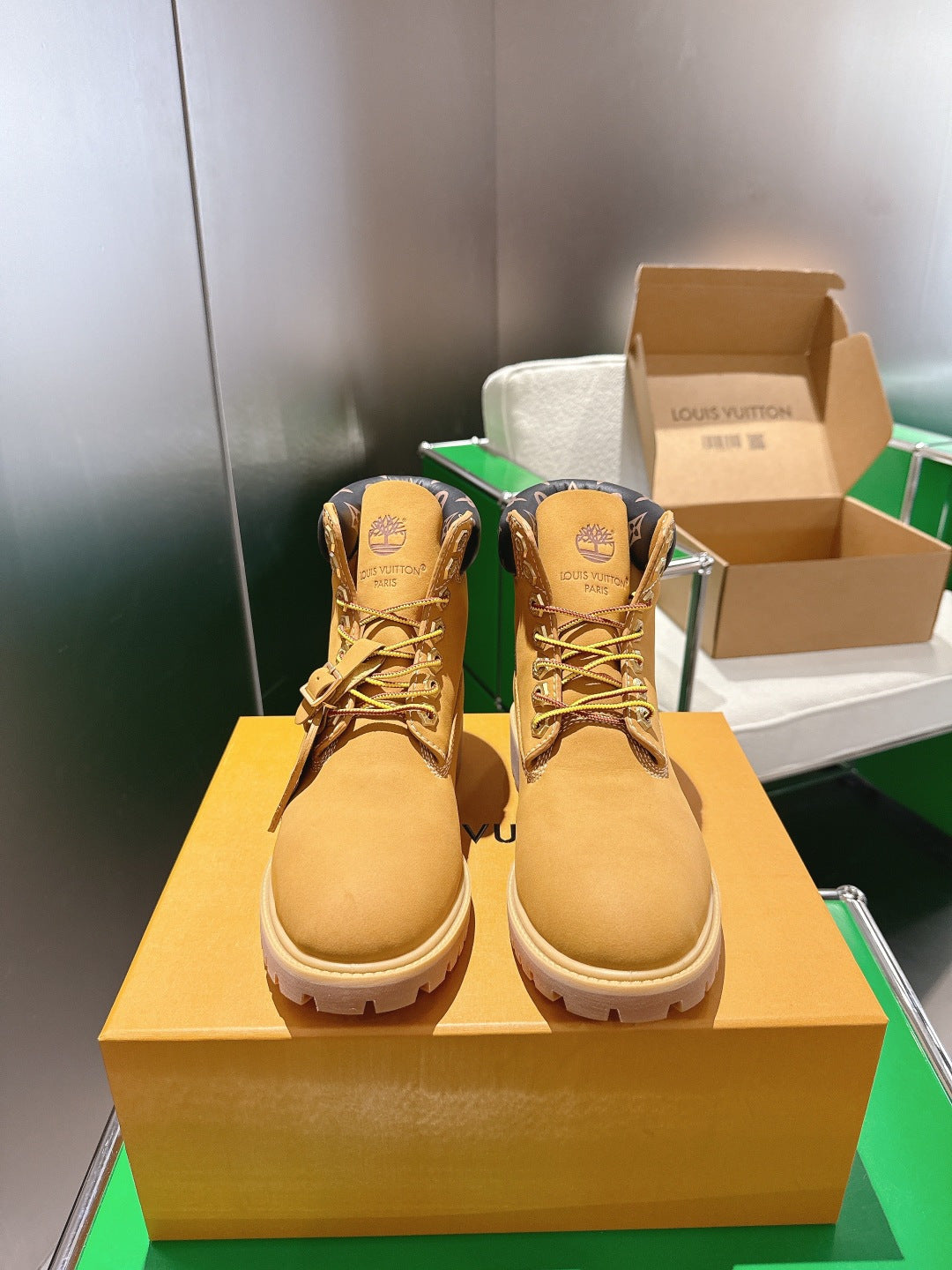 Louis Vuitton unisex lace-up boots, tan suede with dark monogram panels