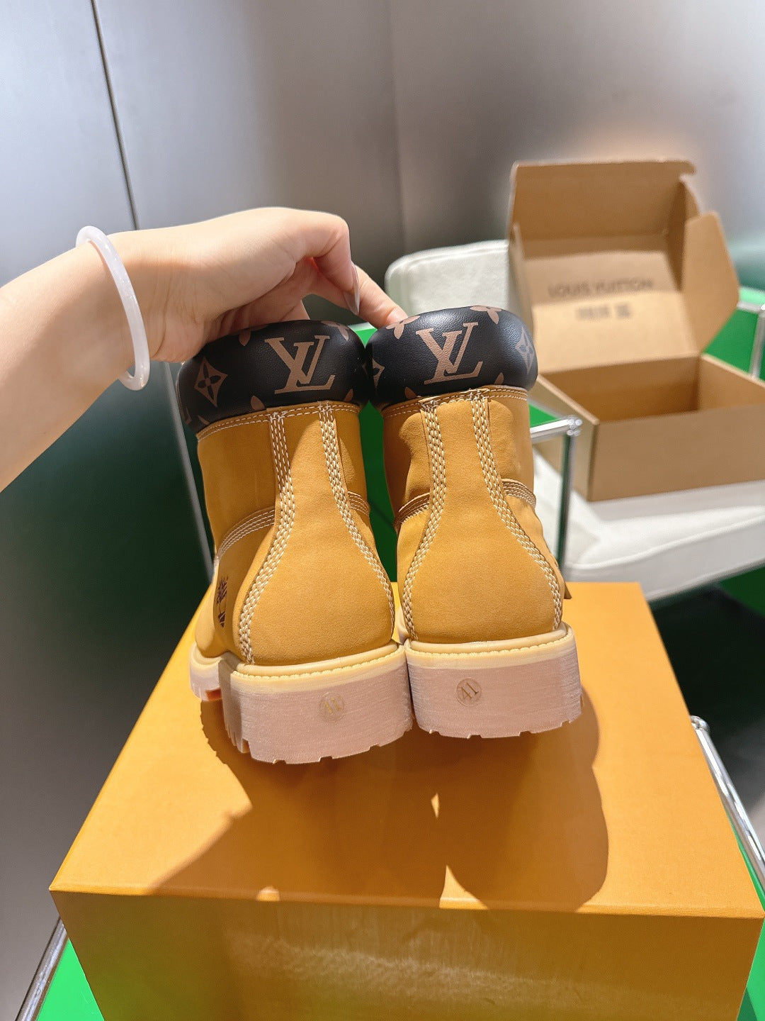 Louis Vuitton unisex lace-up boots, tan suede with dark monogram heel panels