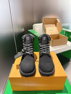 Louis Vuitton unisex black lace-up boots on yellow box with laces and round toe