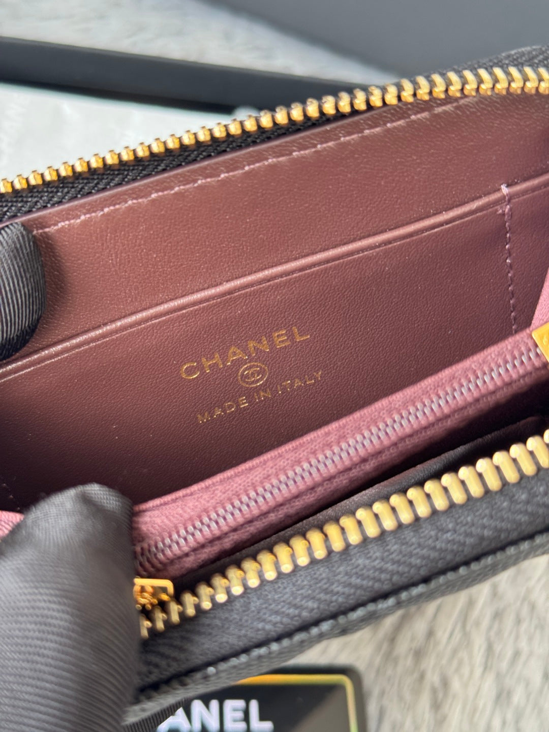 Small bag interior close-up with CHANEL stamp, pink lining, and gold zipper