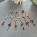 Set of clover charm bracelets with purple enamel, in silver, gold, and rose gold tones