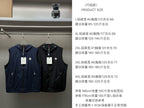 Two navy hooded Moncler vests shown with size information
