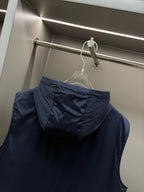 Navy hooded sleeveless vest back with gathered hood