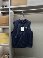 Navy hooded Moncler padded vest with front zipper and side pockets