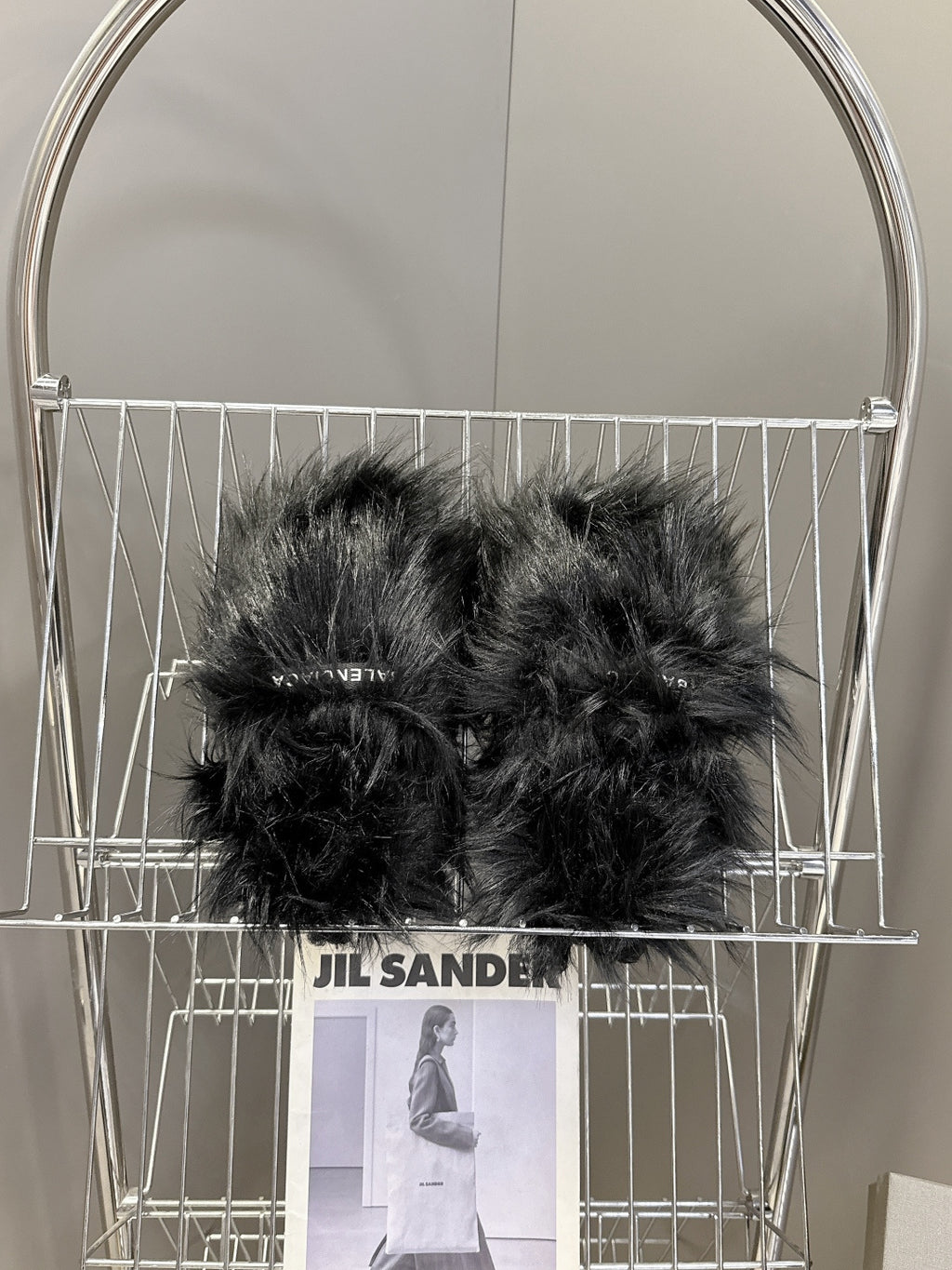 Black fuzzy slide sandals, two-piece pair with wide curved straps