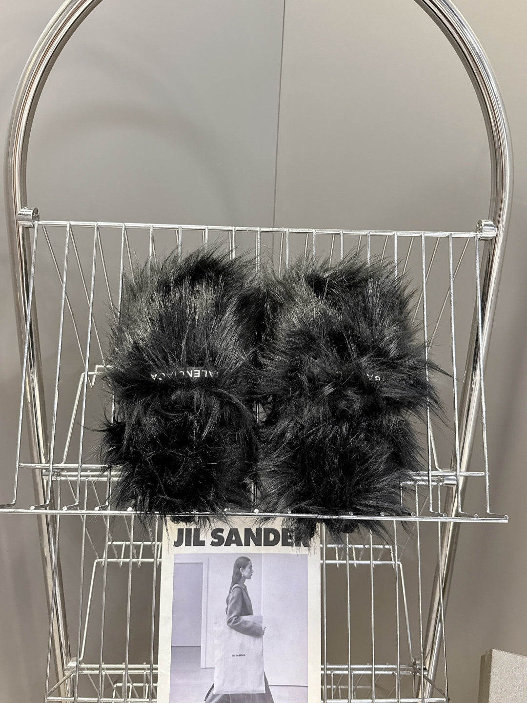 Black fuzzy slide sandals, two-piece pair with wide curved straps