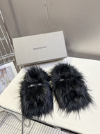 Black fuzzy slide sandals with crossover strap, Balenciaga logo