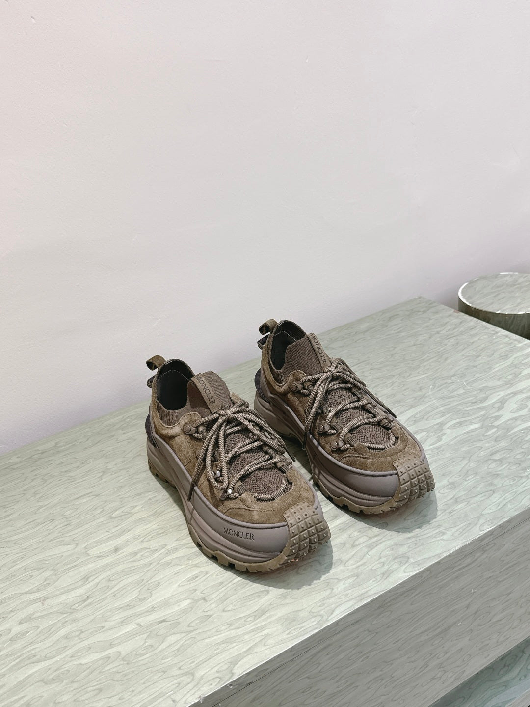 Moncler olive running sneakers with lace-up front and chunky rubber sole