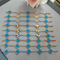 Clover charm bracelets with blue enamel on gold, rose gold, and silver chains