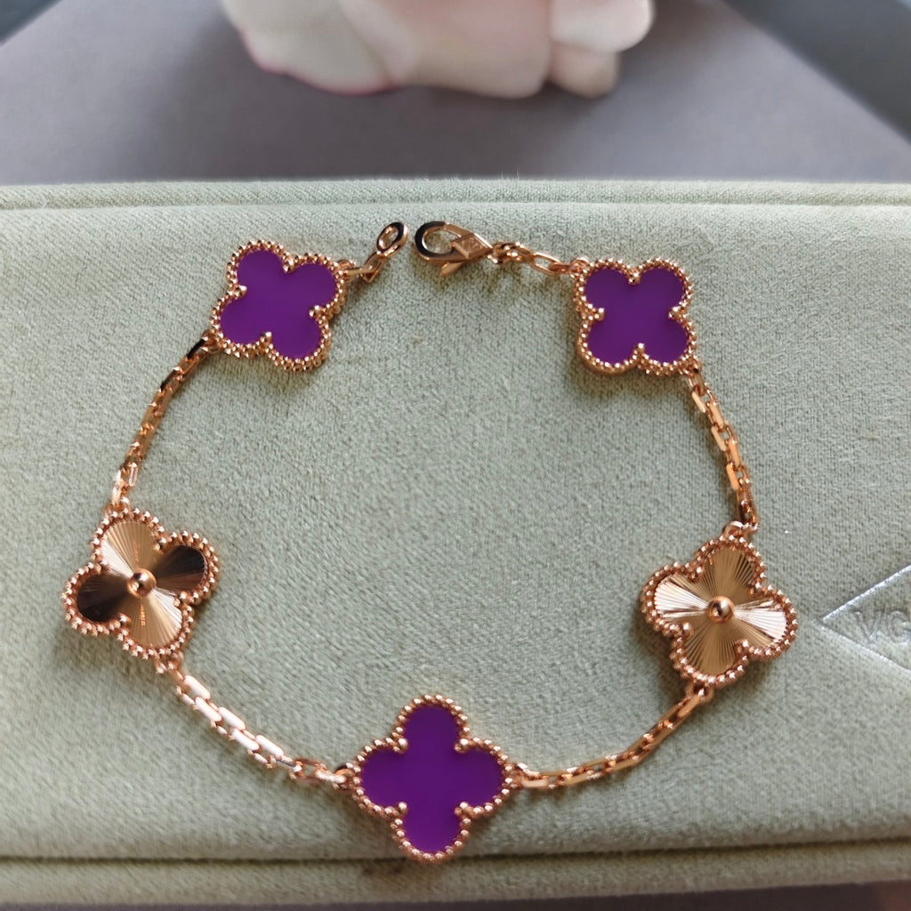 Van Cleef & Arpels clover charm bracelet, rose gold chain with purple enamel clovers