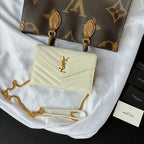 Cream YSL small quilted shoulder bag with flap and gold chain strap