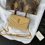 Beige YSL small chevron quilted shoulder bag with flap and gold chain strap