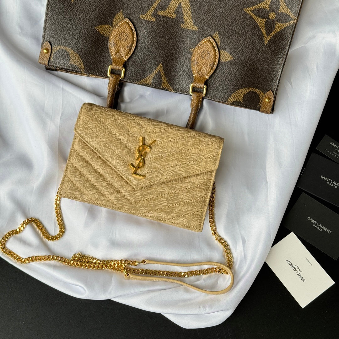 Beige YSL small chevron quilted shoulder bag with flap and gold chain strap
