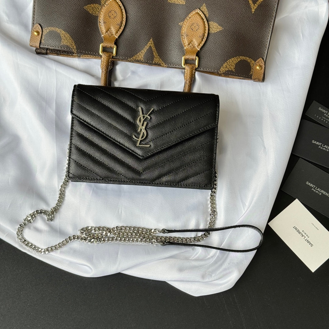 Black YSL small quilted shoulder bag with flap and silver chain strap