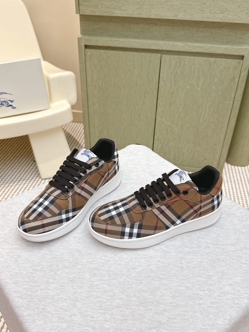 Burberry sneakers, brown plaid canvas with black lace-up front and white sole