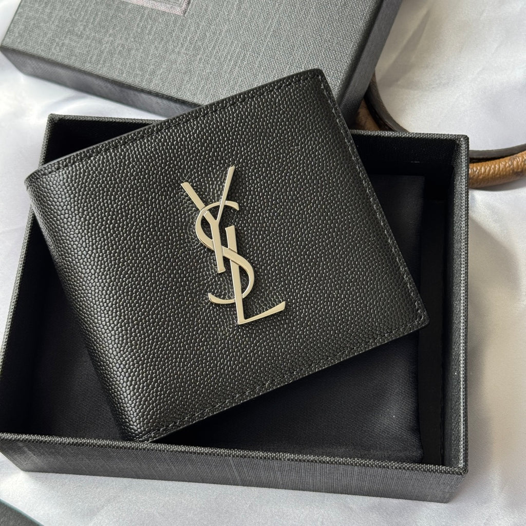 Black textured small wallet bag with gold YSL logo on front panel