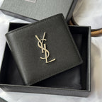 Black textured small wallet bag with gold YSL logo on front panel