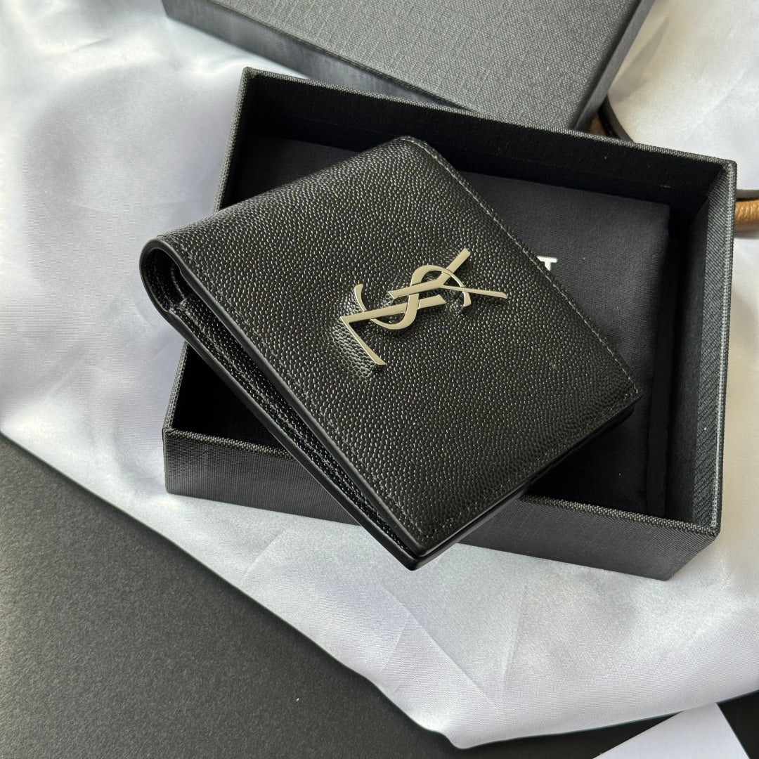 Black textured small wallet bag with gold YSL logo and side zipper edge