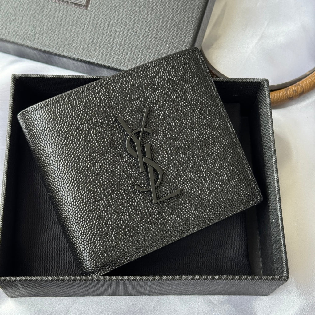 Small textured leather card holder wallet with YSL logo, close-up front view