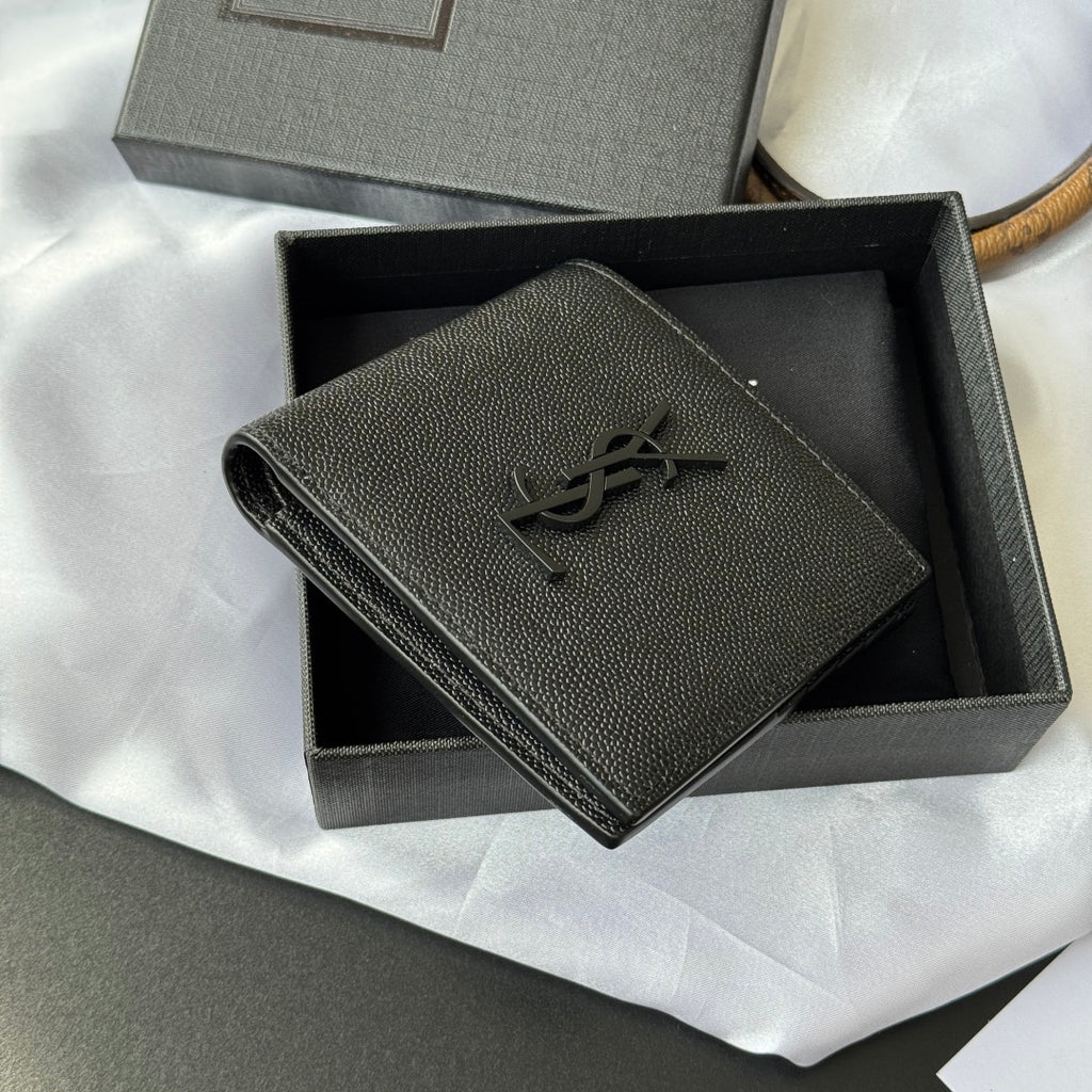 Small textured leather wallet with YSL logo, rolled edge view in gift box