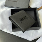 Small textured leather wallet with YSL logo, rolled edge view in gift box