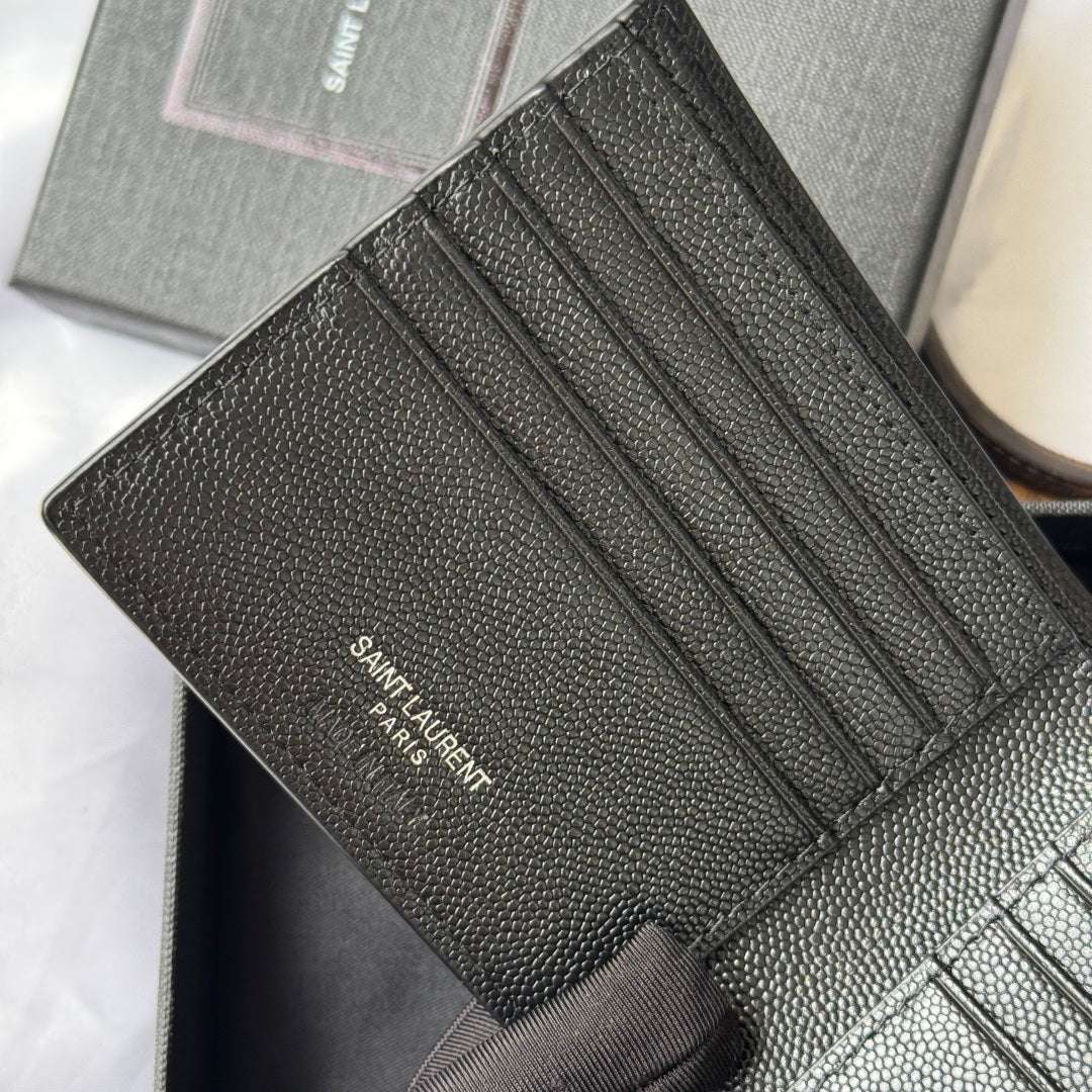Black textured card holder wallet bag with embossed logo text on front