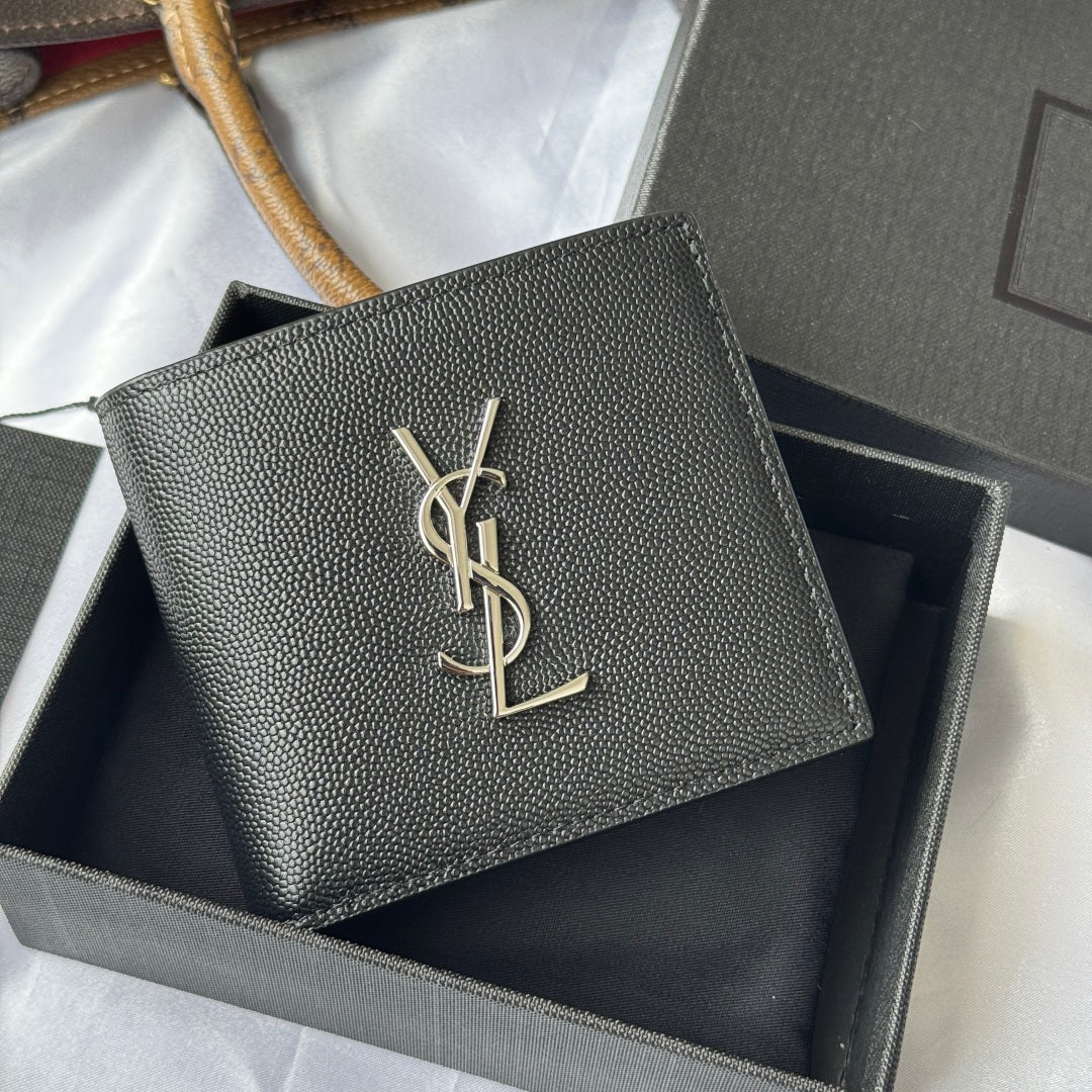 Black textured small leather bag with gold YSL monogram center front