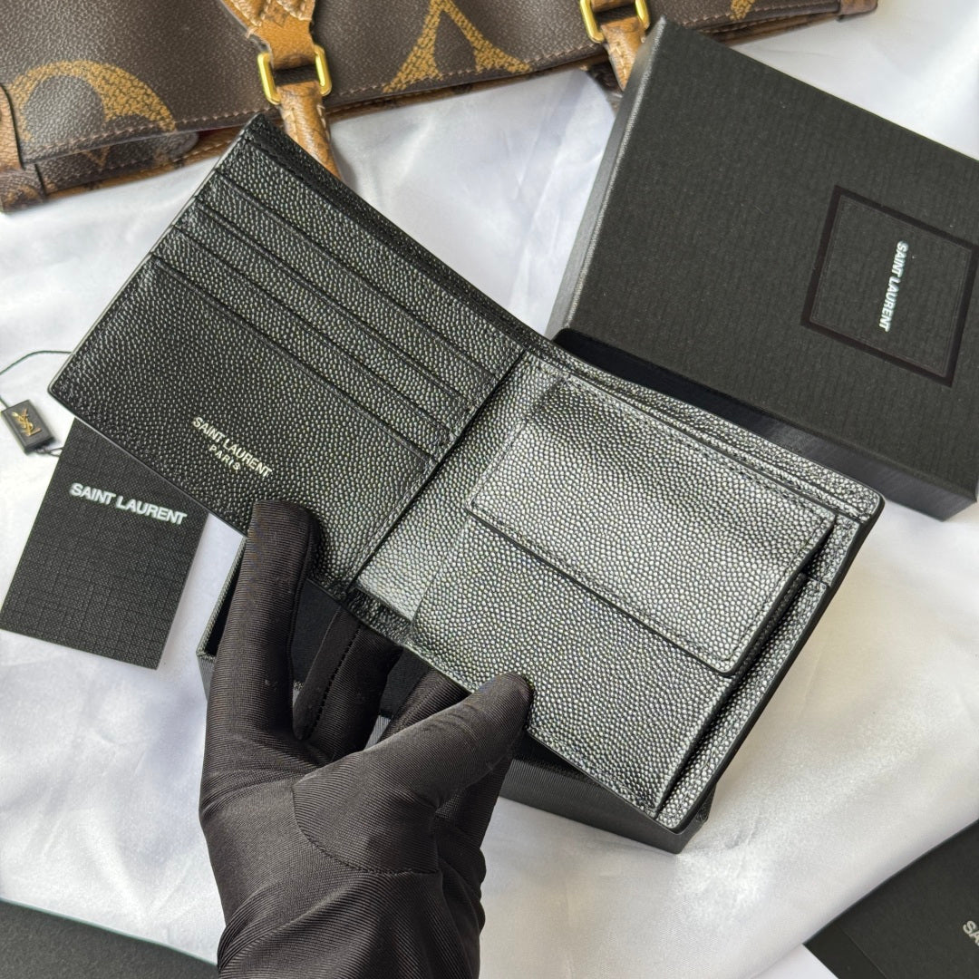 Black textured small leather card holder with multiple card slots, open