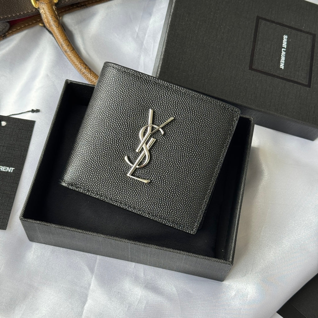 Black textured small leather bag with YSL monogram on front panel