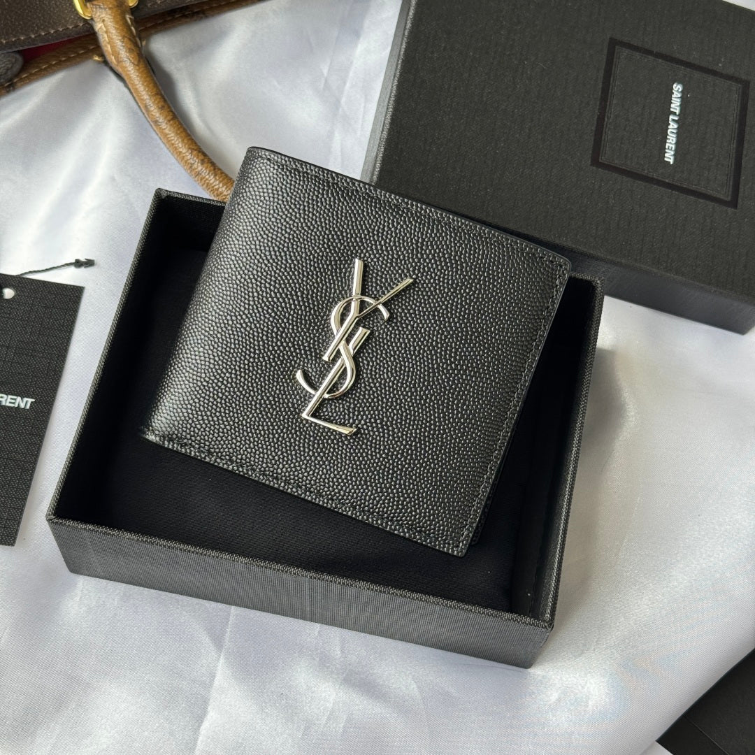 Black textured small leather bag with YSL monogram on front panel