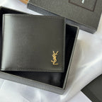 Small bag wallet front close-up, dark finish with gold YSL-style logo and stitching