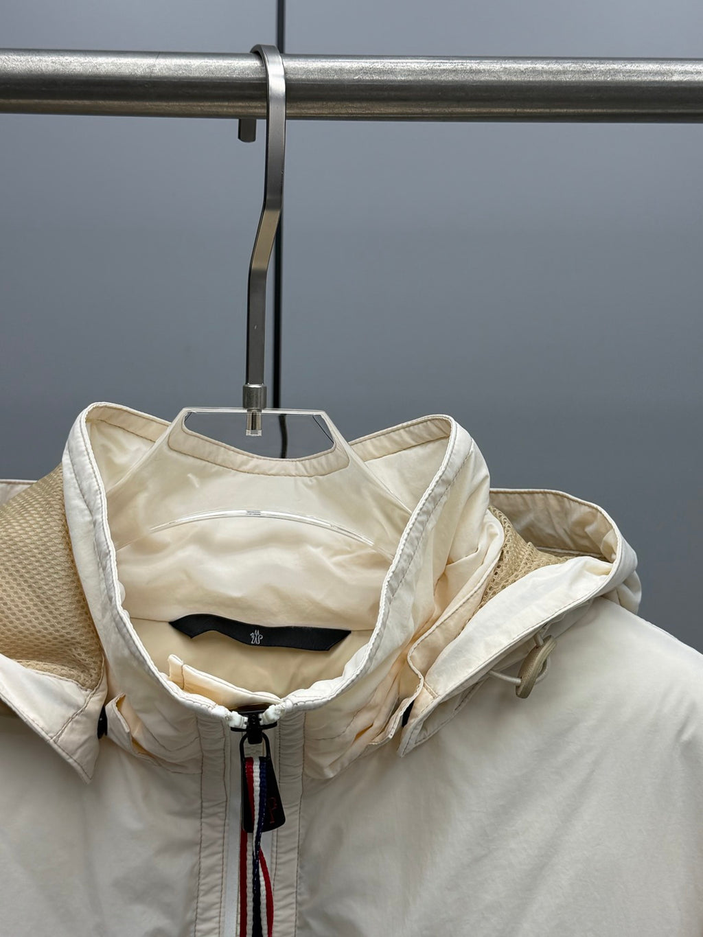 Light beige Moncler hooded jacket, open front, striped drawstring detail