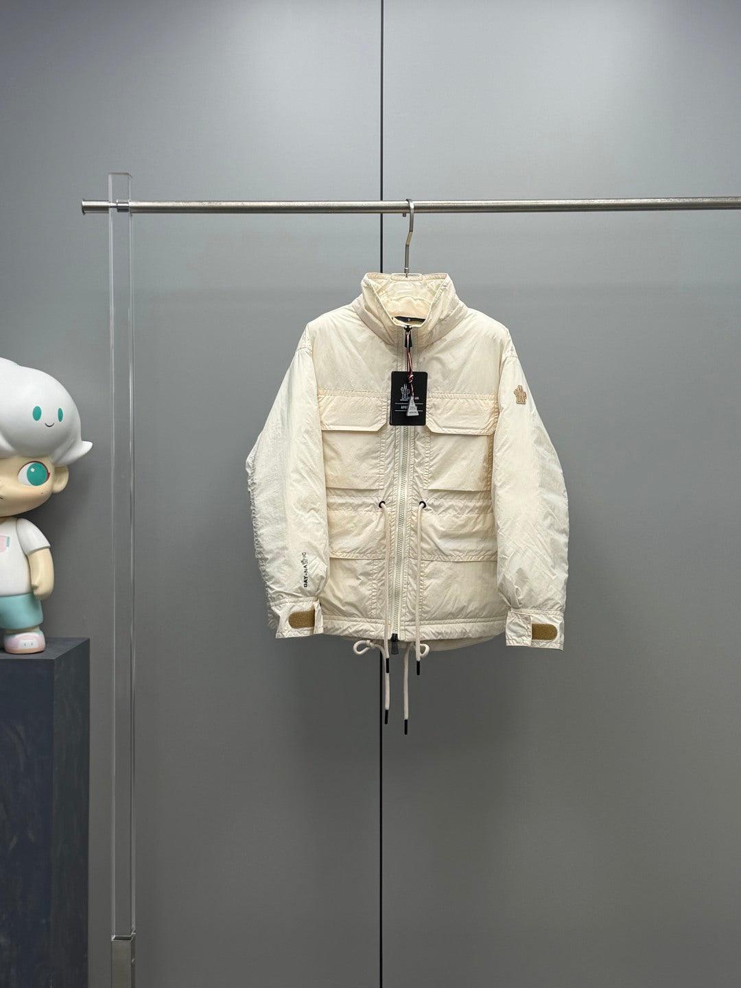 Moncler long puffer jacket, cream, zip front, hood and drawstring hem