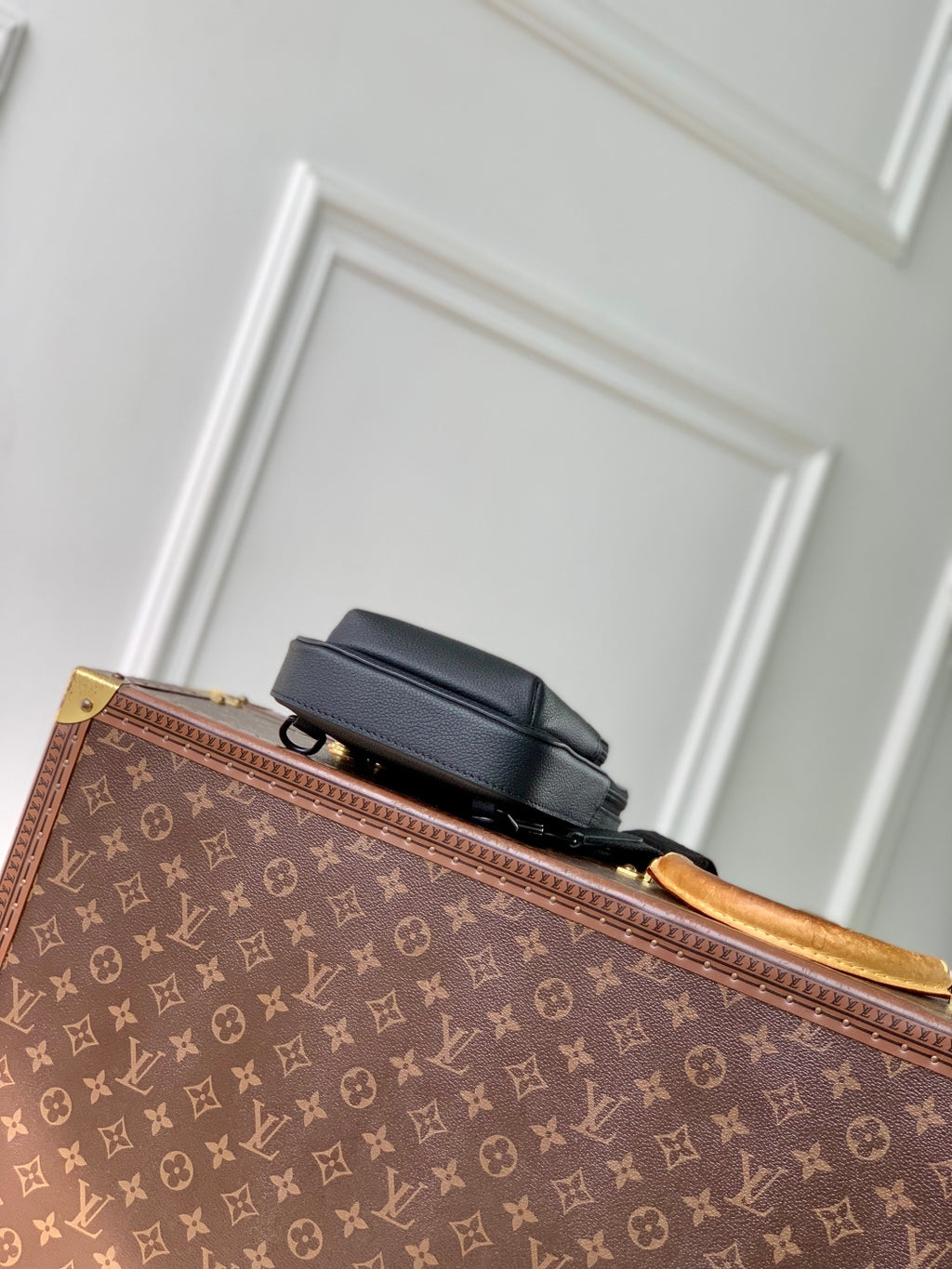 Louis Vuitton dark gray leather crossbody bag with top flap and metal ring detail