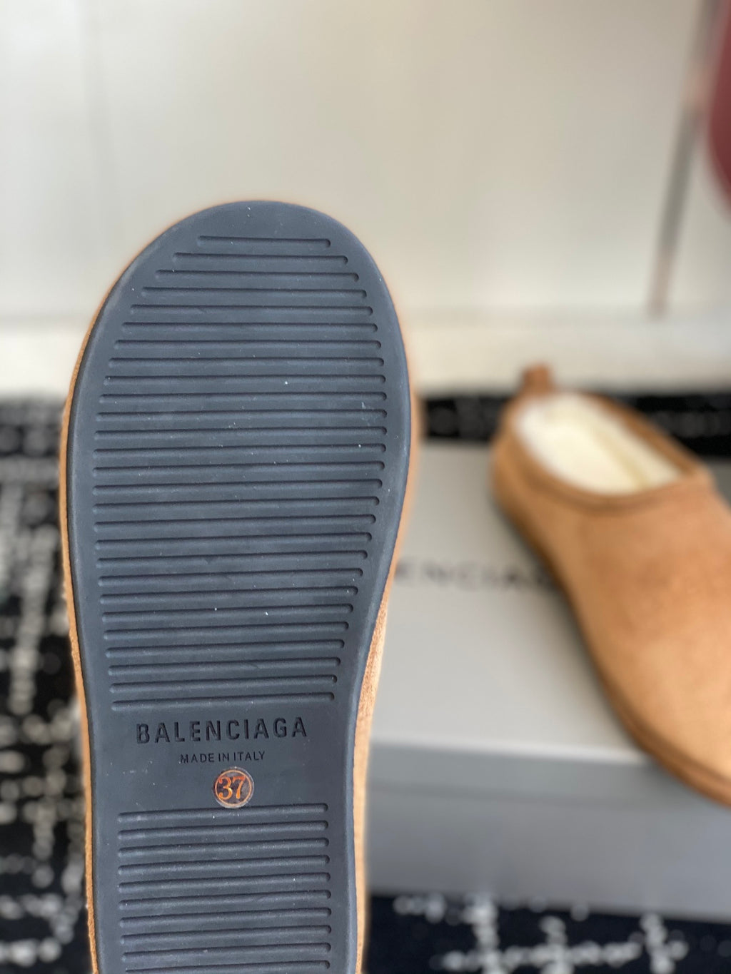 Balenciaga tan suede mules outsole, dark rubber sole tread detail