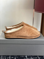 Balenciaga tan suede slide mules with shearling lining, side view