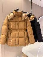 Long beige puffer jacket with hood, front zip, and quilted panels
