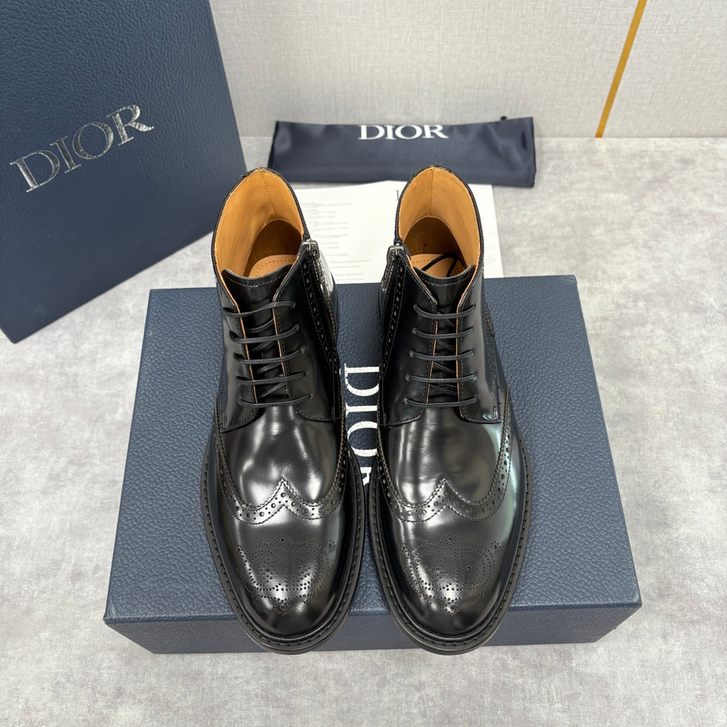 Black leather lace-up dress boots with brogue-style toe detailing, interior lining visible
