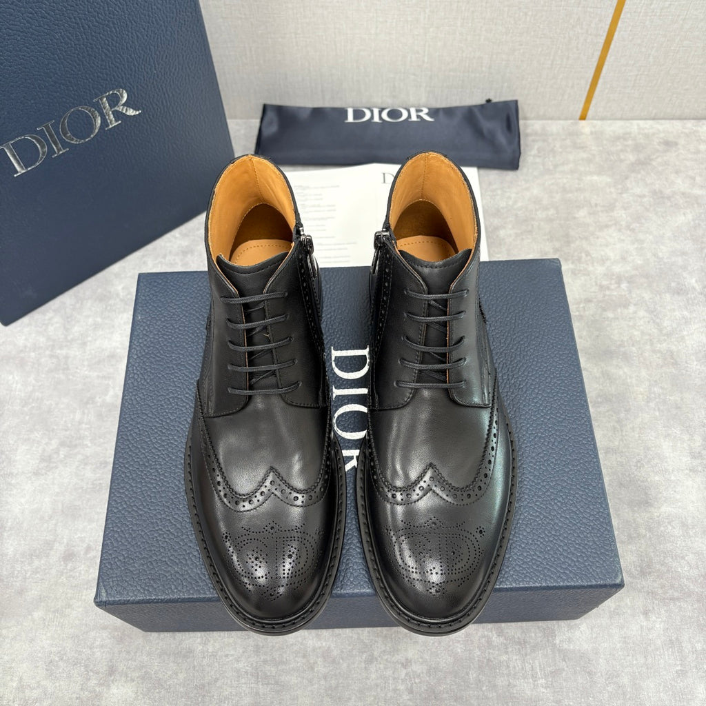 Dior unisex black leather lace-up boots with brogue perforations, tan lining, flat sole