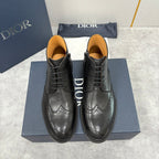 Dior unisex black leather lace-up boots with brogue perforations, tan lining, flat sole