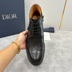 Dior unisex black leather lace-up boots with brogue quarter panel and tan interior lining
