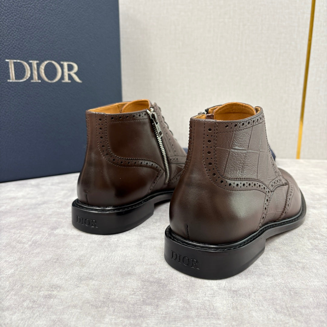 Brown leather ankle boots rear view with side zipper and Dior logo on sole