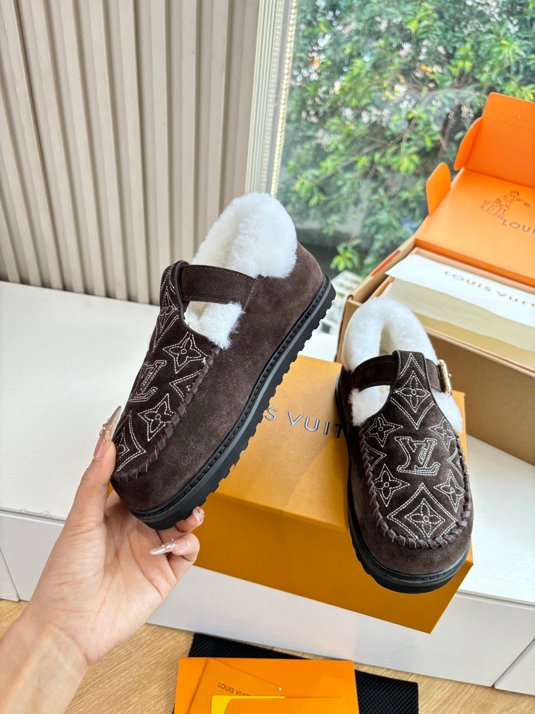 Louis Vuitton suede slippers with dark monogram print, white lining, side stitching
