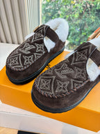 Louis Vuitton suede slip-on slippers with monogram print and white faux-fur lining
