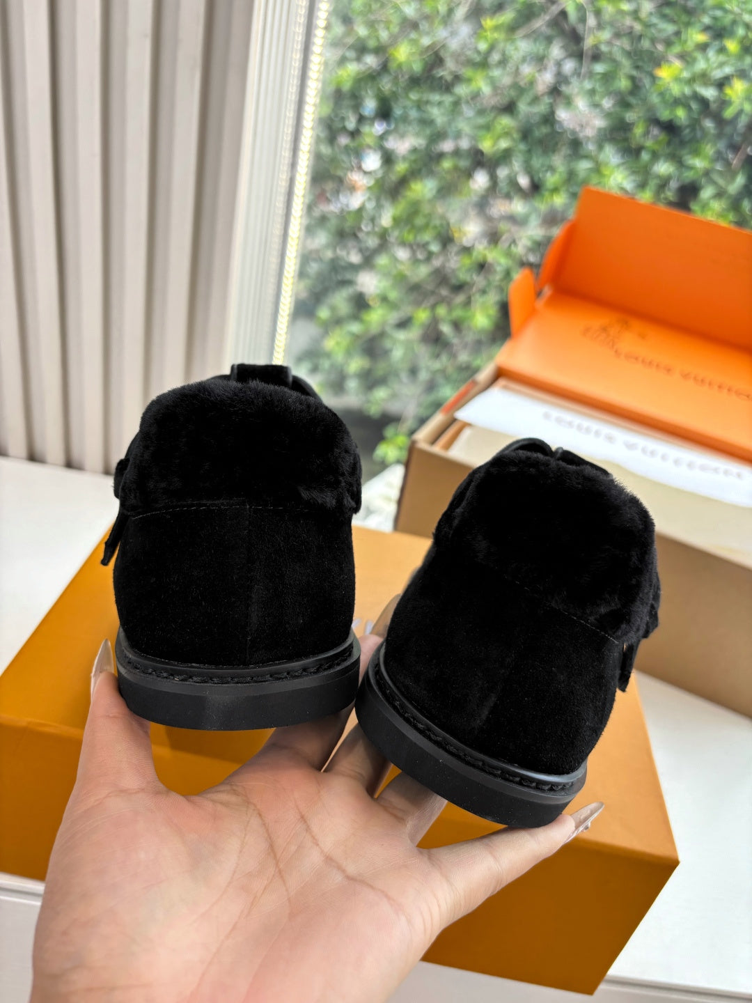 Louis Vuitton unisex suede loafers, black heel and back with logo strip