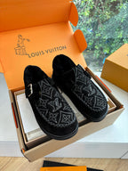 Louis Vuitton unisex suede loafers, black with gray monogram pattern