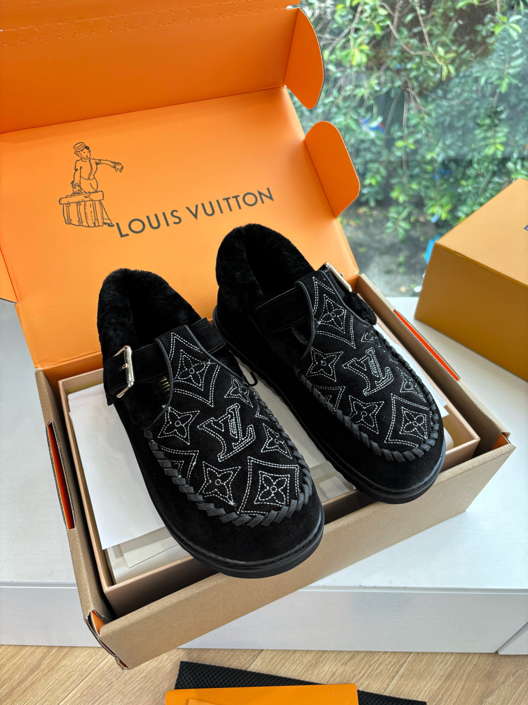 Louis Vuitton unisex suede loafers, black with gray monogram pattern