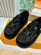 Louis Vuitton unisex suede loafers, black with detailed monogram embroidery