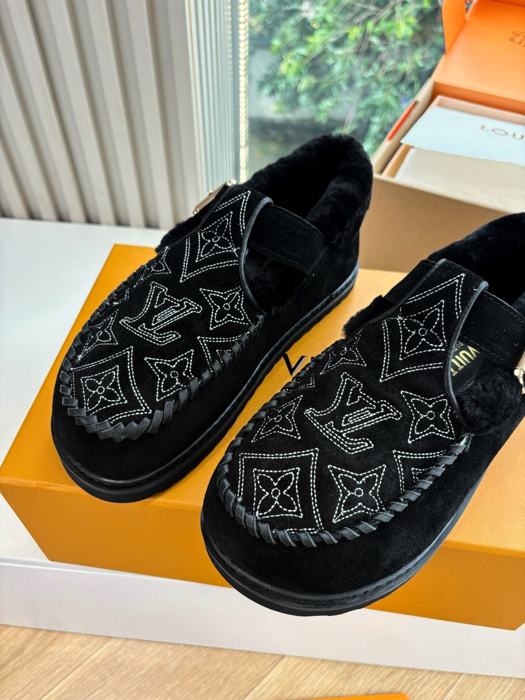 Louis Vuitton unisex suede loafers, black with detailed monogram embroidery