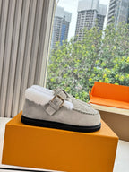 Louis Vuitton unisex light gray suede slip-on shoes with buckle and shearling lining